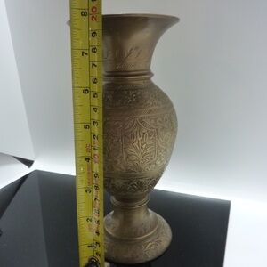 Vintage  Brass Etched Engraved Vase flower Motif  8 in Tall